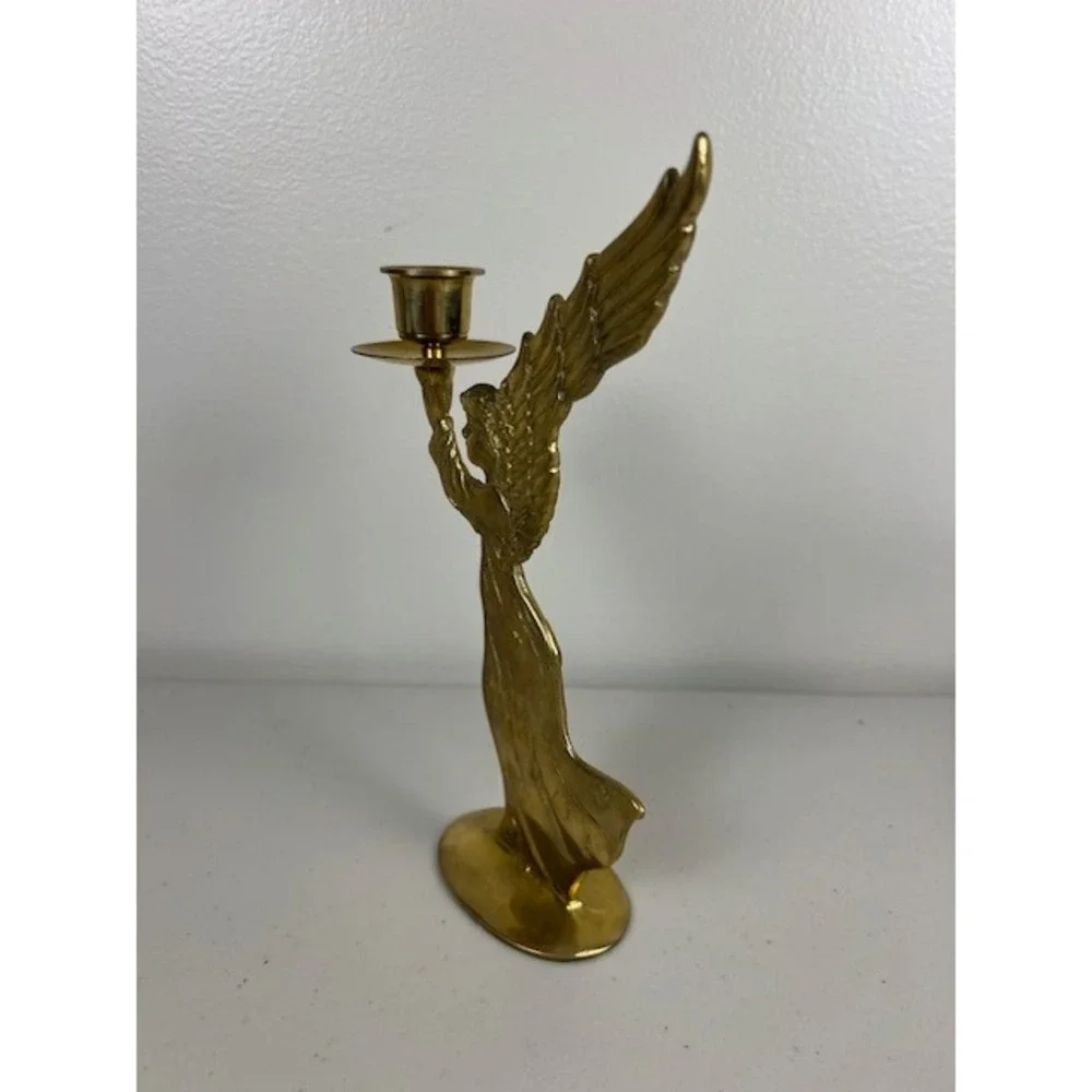 Vintage Solid Brass Angel Candlestick Holder Gold Tone Winged Celestial 8.5 inch